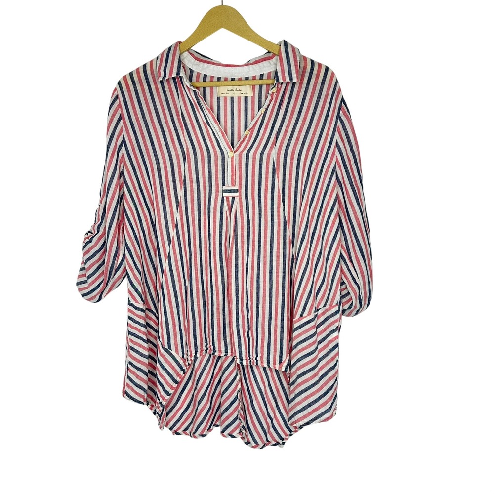 Isabella Sinclair Red Navy Blue Striped‎ Linen Blend Roll Tab Tunic Shirt L